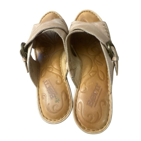Born Womens Curstyn Wedge Sandals Sz 7 Platform Tan Leather Slides Shoes D89602 - Picture 6 of 8
